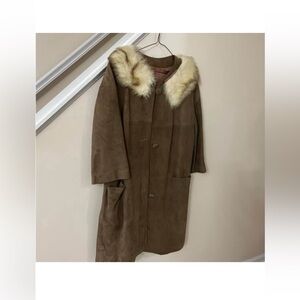 Brown Suede Leather Jacket with Faux Fur Collar